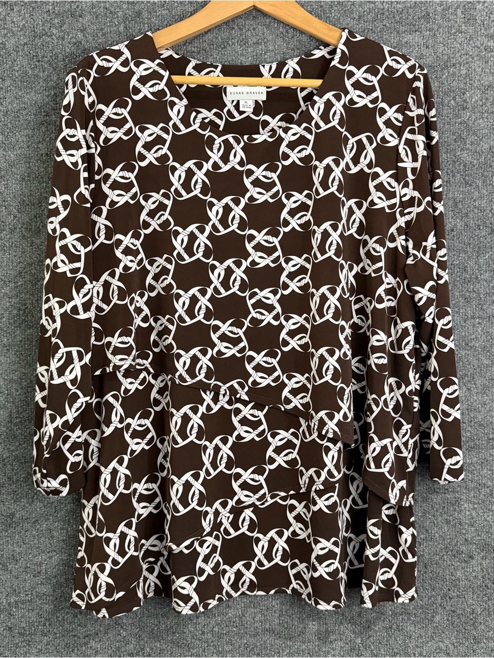 Susan Graver Womens Long Sleeve Ruffle Tiered Tunic Top Size XL Brown Office